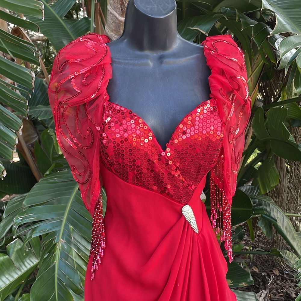 Vintage 80 s Karen Okada statement, sleeve sequin fringe, asymmetric dress